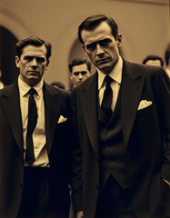 old photo of men in suits, dramatic, with white tones