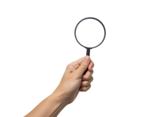 hand holding a magnifying glass on transparent background, png