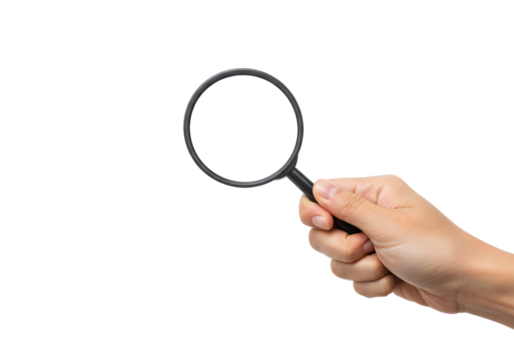 hand holding a magnifying glass on transparent background, png