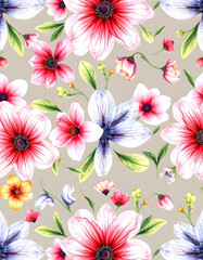Fototapeta premium Watercolor hand drawn seamless pattern of flowers created with technology, with white tones
