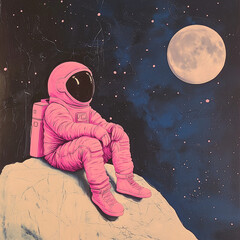 Pink Astronaut on the Moon Under a Starry Sky