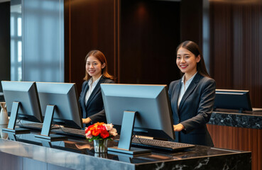 Two friendly receptionists work at modern hotel front desk. Smiling, using computers. Bouquet of flowers decorates desk. Lobby bright, pro. Staff provide excellent service. Ready for guests.
