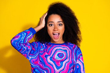 Photo portrait of lovely young lady excited amazed dressed stylish colorful blue garment isolated...