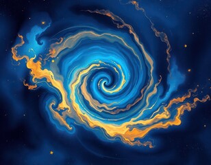 Abstract swirling nebula in dark blue, gold colors. Spiral galaxy swirling in deep space. Stars scattered across cosmic background. Dynamic celestial illustration evokes fantasy, science. Cosmic