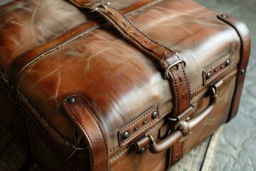 Old leather suitcase with many buckles and straps showing signs of age and use sitting on a wooden floor