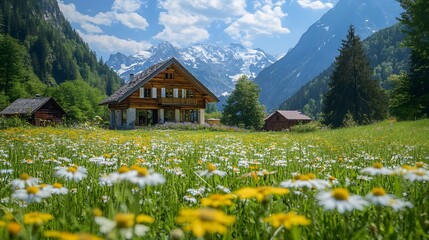 An eco-friendly villa surrounded by wildflowers and alpine meadows designed with sustainable materials.