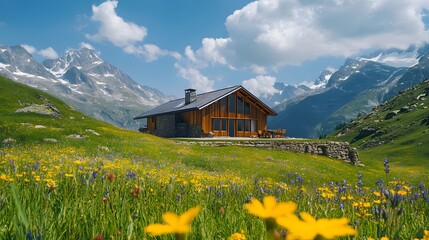 An eco-friendly villa surrounded by wildflowers and alpine meadows designed with sustainable materials.