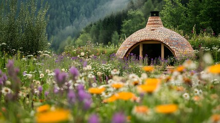 An eco-friendly villa surrounded by wildflowers and alpine meadows designed with sustainable materials.