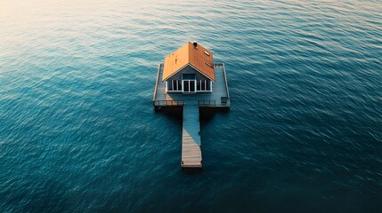 An isolated villa in the ocean with a wraparound deck private dock and endless views of azure waters.