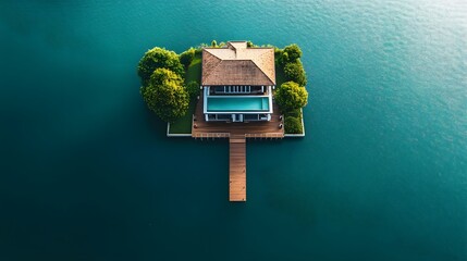 An isolated villa in the ocean with a wraparound deck private dock and endless views of azure waters.
