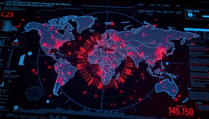 Global disease spread analysis displayed on futuristic tech interface. World map shows data points disease infection areas in different regions. Radar-like elements show epicenter. Dynamic