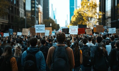 Large crowd protesting, holding signs, city backdrop.