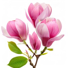 Fototapeta premium Magnolia branch displaying delicate pink blossoms, verdant leaves spreading against pristine white backdrop