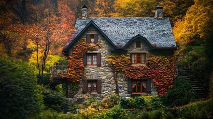 A charming stone villa with ivy-covered walls nestled on an alpine hillside with vibrant autumn foliage.