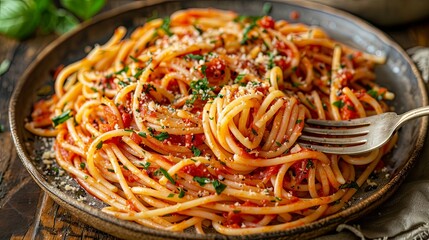 Delicious Spaghetti with Homemade Tomato Sauce, Parsley, and Parmesan Cheese