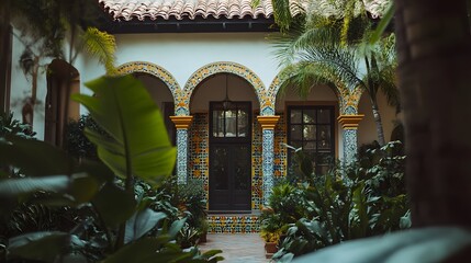 A classic Spanish-style villa in the Hollywood Hills with colorful tilework arched windows and a lush courtyard.