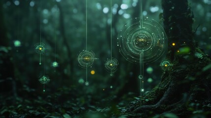 A dense, lush forest filled with AI-powered sensors attached to trees, monitoring biodiversity and environmental health. 