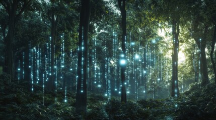Obraz premium A dense, lush forest filled with AI-powered sensors attached to trees, monitoring biodiversity and environmental health. 