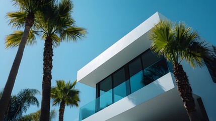 A contemporary Hollywood Hills villa with minimalist interiors and a sleek exterior framed by palm trees.