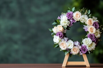 sympathy floral arrangement, a beautiful wreath of funeral flowers on a wooden stand, placed against a serene backdrop with room for a personal message