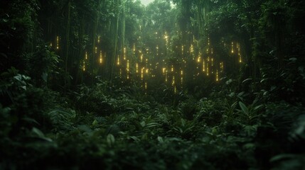 Naklejka premium A dense, lush forest filled with AI-powered sensors attached to trees, monitoring biodiversity and environmental health. 