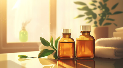 Serenity spa atmosphere with amber bottles , relaxation, calm, tranquil, spa, wellness, therapy, soothing, ambiance, amber. Amber. Illustration
