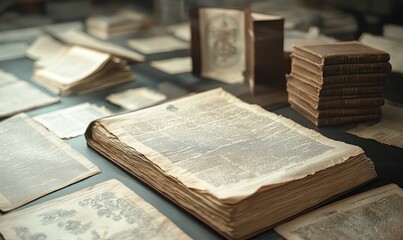 Obraz premium Aged books, papers, and documents displayed.