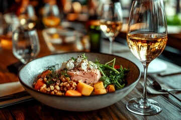 A bowl of fresh salad with wine on a wooden table in a restaurant. Concept of fine dining. For food blog.