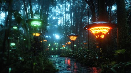 A dense, lush forest filled with AI-powered sensors attached to trees, monitoring biodiversity and environmental health. 