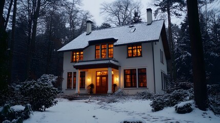 A cozy chalet villa with soft golden lighting glowing through the windows set in a snowy forest.