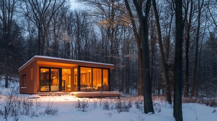 A cozy chalet villa with soft golden lighting glowing through the windows set in a snowy forest.