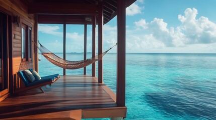 A cozy wooden ocean villa with a hammock strung between pillars floating peacefully in calm blue waters.