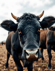 Cute angus cow on farm with vintage grunge effect.  Black heifer face against rural sky, great for background or print, 8k unreal engine photorealism, with white tones