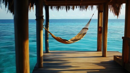 A cozy wooden ocean villa with a hammock strung between pillars floating peacefully in calm blue waters.