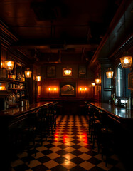 A dimly lit bar with a checkered floor, creating a cozy and nostalgic atmosphere, A 1920s Chicago speakeasy during prohibition, Backlit, with white tones