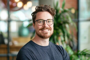 Fototapeta premium Young professional with glasses and a beard is smiling confidently in a modern office environment