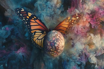 Butterfly wings embrace patterned orb, abstract background.