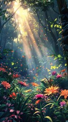 Fototapeta premium Magical sunbeams shining through the lush foliage of a vibrant floral garden creating a dreamlike and ethereal atmosphere in an enchanting forest landscape