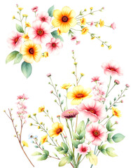 watercolor arrangements with garden flowers. bouquets with pink, yellow wildflowers, leaves, branches. Botanic illustration isolated on white background