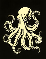 . . Engraving retro vintage style octopus woodcut linocut illustration. Graphic Art, photo, with white tones