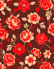seamless red vintage floral pattern, flat papercut style, with white tones
