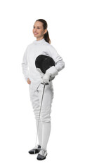 Smiling fencer with protective mask and epee on white background