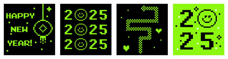 2025 Chinese New Year. Year of the snake. Set of minimal Chinese New Year posters in pixel art. Simple geometric greeting cards design with Chinese zodiac snake. Black background. Acid green vector