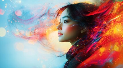 Captivating Profile of a Young Woman Amidst a Stunning and Magical Blend of Colors and Light Creating an Ethereal and Mysterious Aura