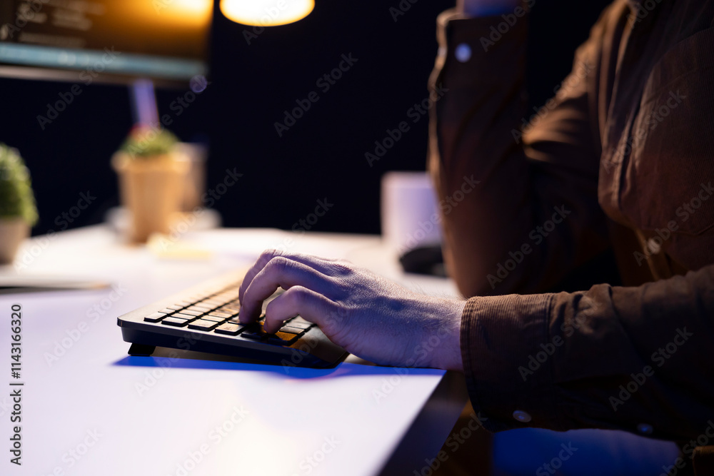 Poster cybersecurity specialist using computer to look for company security vulnerabilities and prevent mal