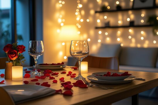 romantic dining decor, create a chic st valentines dinner setting with rose petals and fairy lights in a contemporary dining room