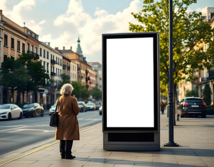 Mockup de cartel publicitario en la calle de una ciudad y una señora observando. Día soleado