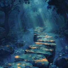 Obraz premium Enchanting pathway winds through a misty mystical forest leading the viewer on a journey of imagination and discovery The ethereal fairytale like landscape captivates with its serene ambiance