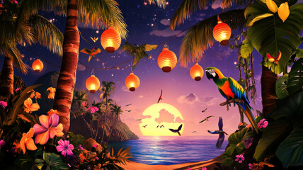 A whimsical digital painting of a tropical island at sunset, with glowing lanterns hanging between palm trees, colorful parrots flying, and a serene atmosphere of tropical beauty.