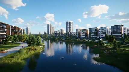 Fototapeta premium Modern Waterfront Community: Luxurious Apartments and Serene Lakeside Living